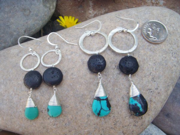 Lava Rock & Turquoise Earrings - Natural Oil Diffuser - Silver Hoops - 3 sizes - Image 4