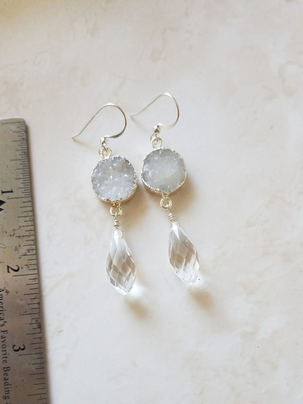 White Druzy Crystal Drop Earrings - Sterling Silver - Image 3