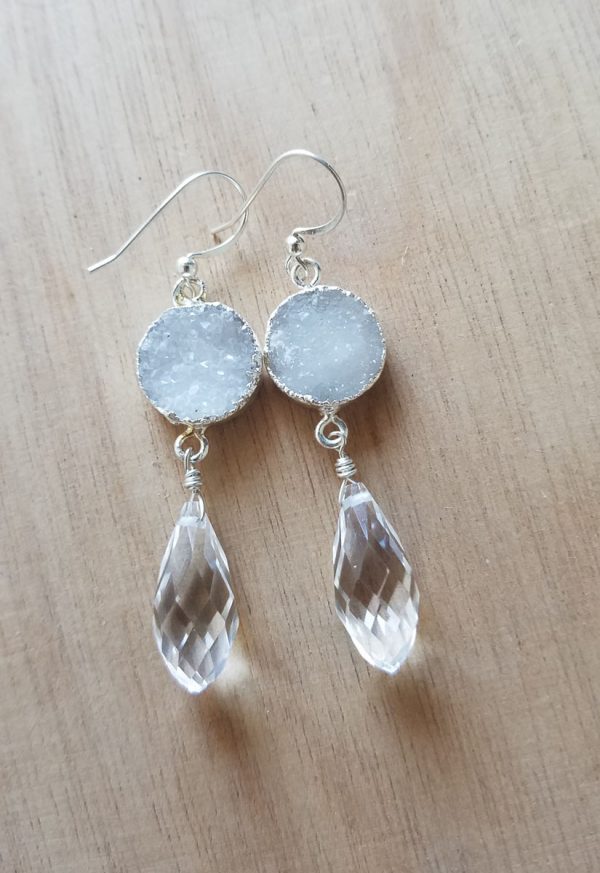 White Druzy Crystal Drop Earrings - Sterling Silver - Image 4