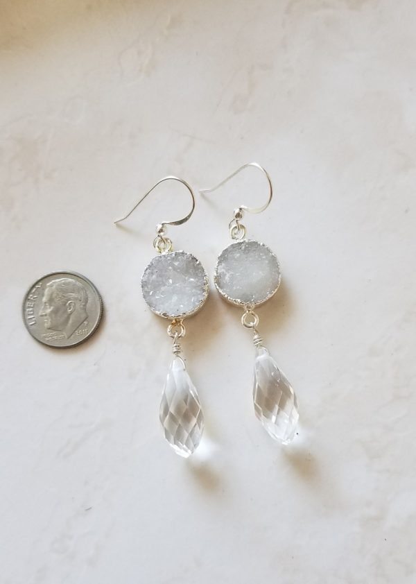 White Druzy Crystal Drop Earrings - Sterling Silver - Image 2