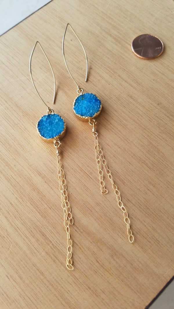 Long Turquoise Druzy Quartz Earrings - Image 2