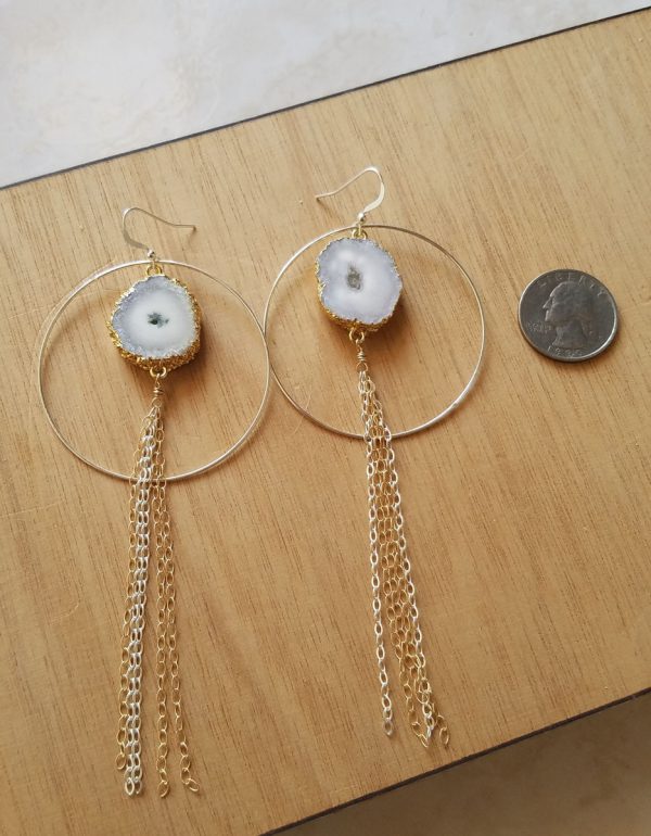 White Agate Tassel Mixed Metal Hoop Statement Earrings - Image 2