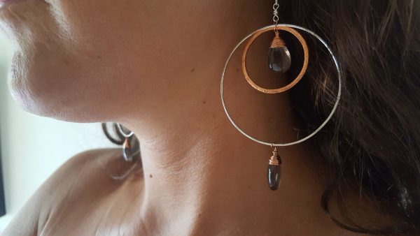 Mixed Metal Smoky Quartz Large Hoop Earrings - Image 3