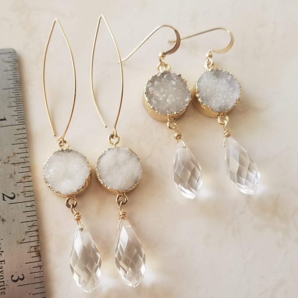 Crystal Drop Druzy Earrings - Long Hooks - Image 2