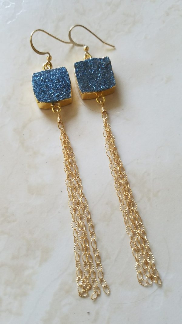 Smoky Blue Druzy Gold Tassel Earrings