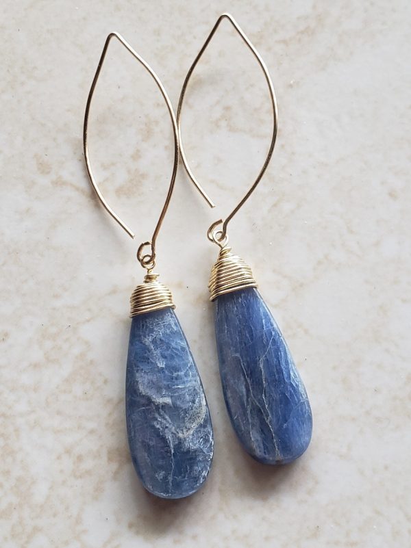 Blue Kyanite Drop Earrings -  Gold Filled Long Hooks