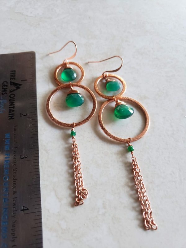 Green Onyx Earrings - Hammered Copper Hooplets - Chain Tassel - Image 2