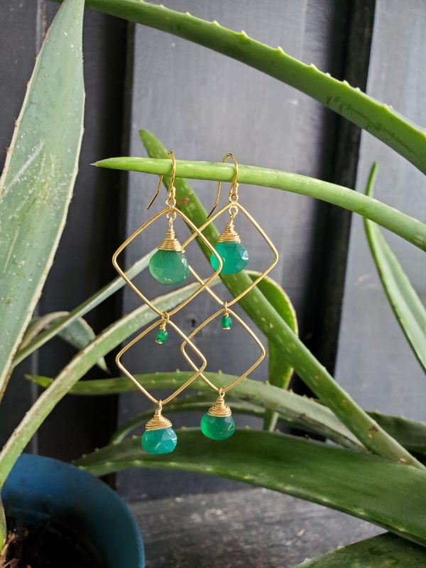 Green Onyx Earrings - Double Diamond Drop Earrings - Vermeil - Image 2