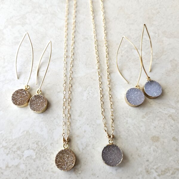 Druzy Earrings - Round Druzy  - Long Hook Drop Earrings